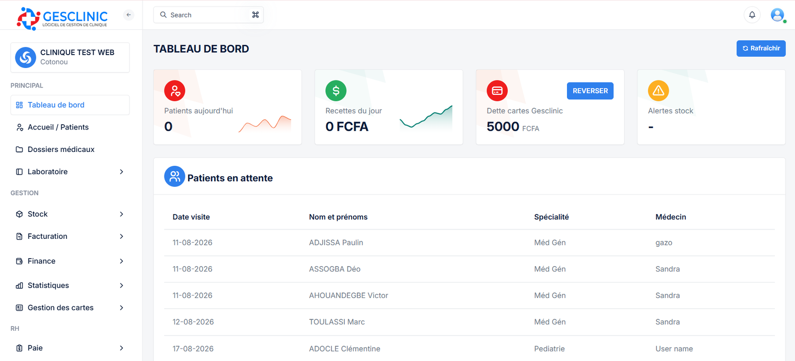 Tableau de bord GESCLINIC : patients reçus, recettes du jour, alertes de stock et file d'attente